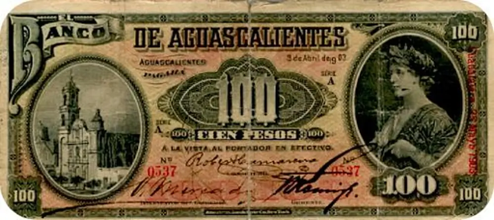 100 pesos banco aguascalientes serie a 1902-1906 anverso