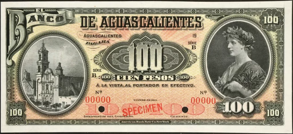 100 pesos banco aguascalientes serie b 1913 anverso