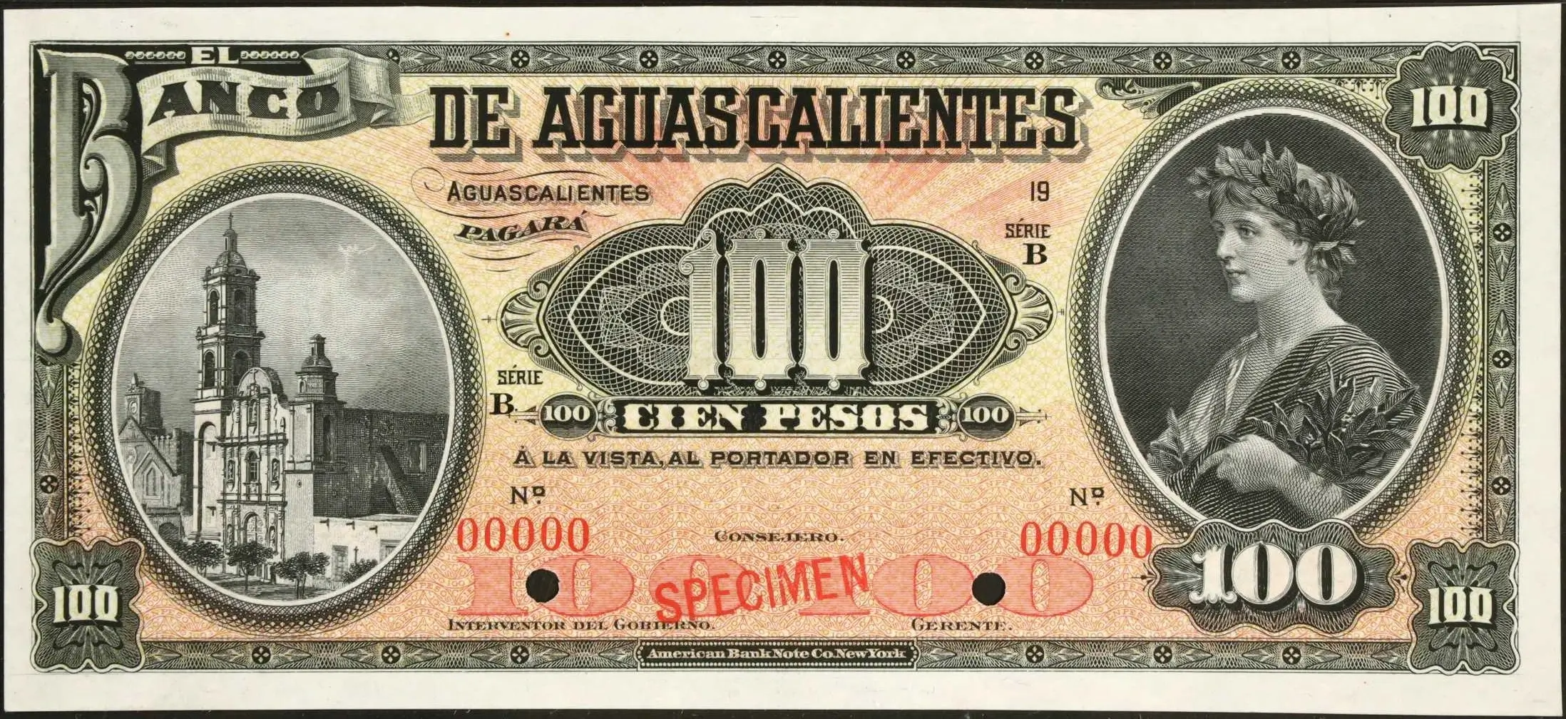 100 pesos banco aguascalientes serie b 1913 anverso