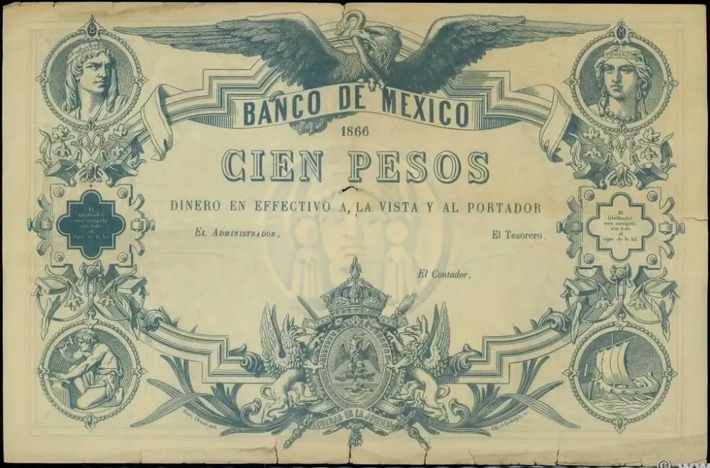 100 pesos maximiliano 1866 anverso
