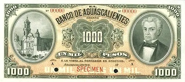1000 pesos banco aguascalientes serie a 1902-1903 anverso