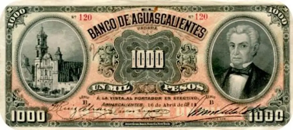 1000 pesos banco aguascalientes serie b 1912 anverso