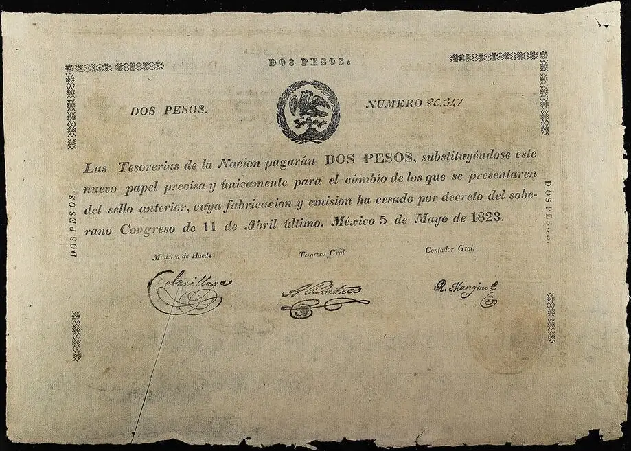 2 Pesos Tesorerías de la Nación 1823 Anverso