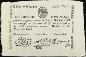 2 pesos del Imperio Mexicano 1823 Anverso