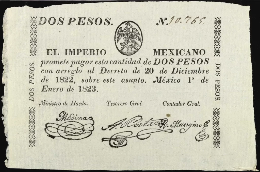 2 pesos imperio mexicano 1823 anverso