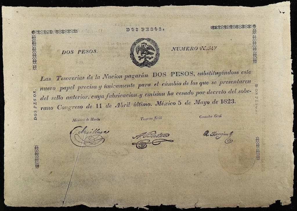 2 pesos tesorerías de la nación 1823 anverso