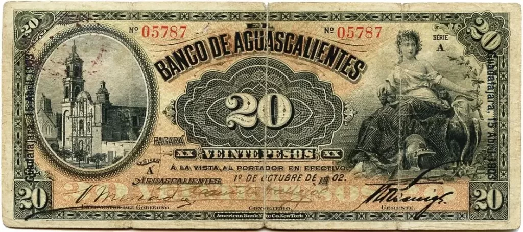 20 pesos banco aguascalientes serie a 1902-1905 anverso