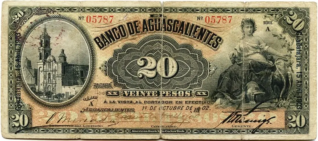 20 pesos banco aguascalientes serie a 1902-1905 anverso
