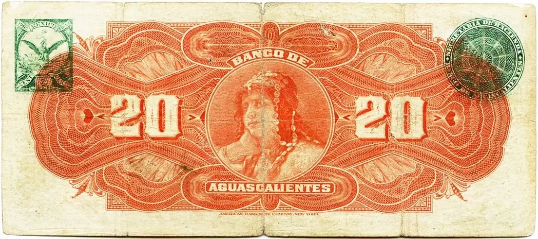 20 pesos banco aguascalientes serie a 1902-1905 reverso
