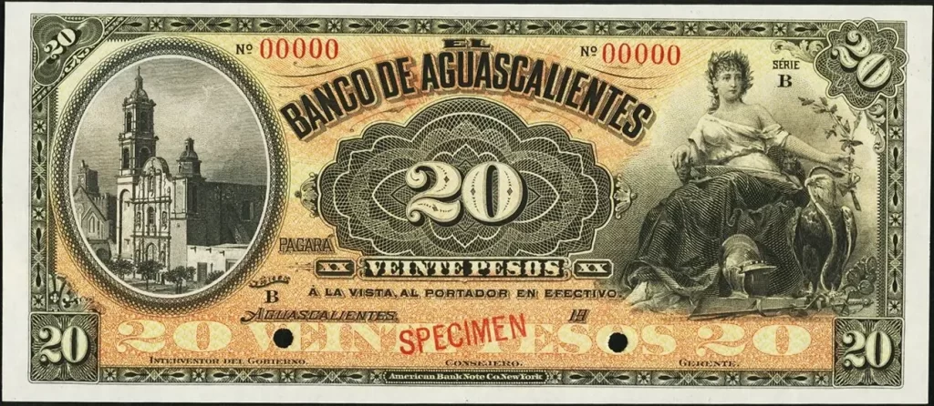 20 pesos banco aguascalientes serie b 1907-1913 anverso