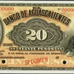 20 pesos banco aguascalientes serie b 1907-1913 anverso