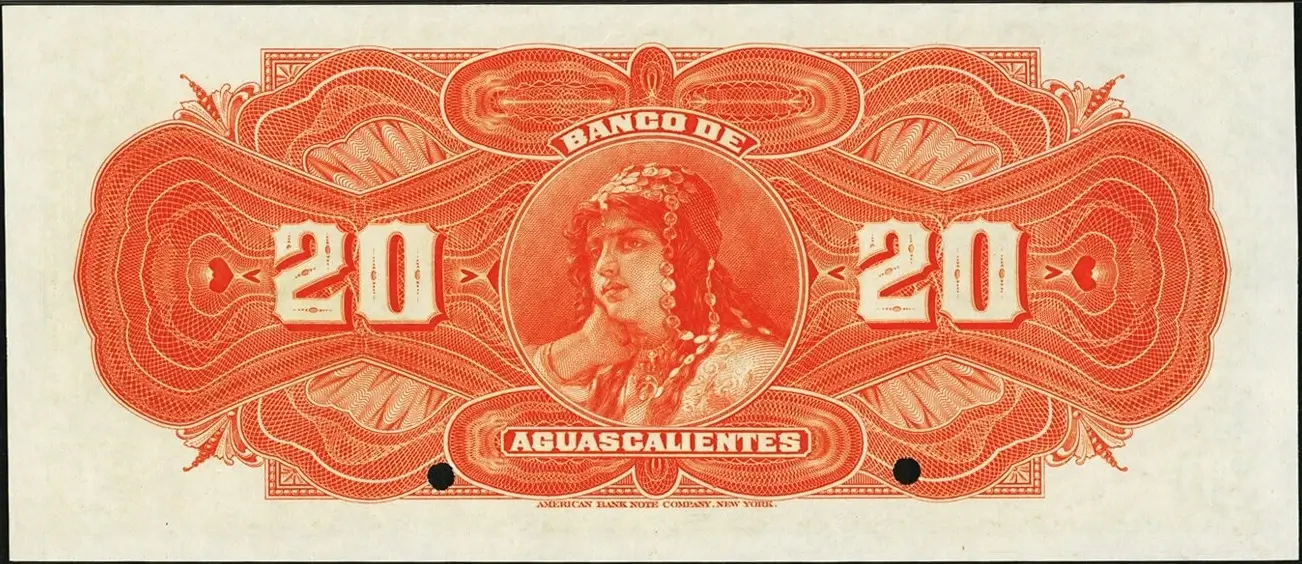 20 pesos banco aguascalientes serie b 1907-1913 reverso