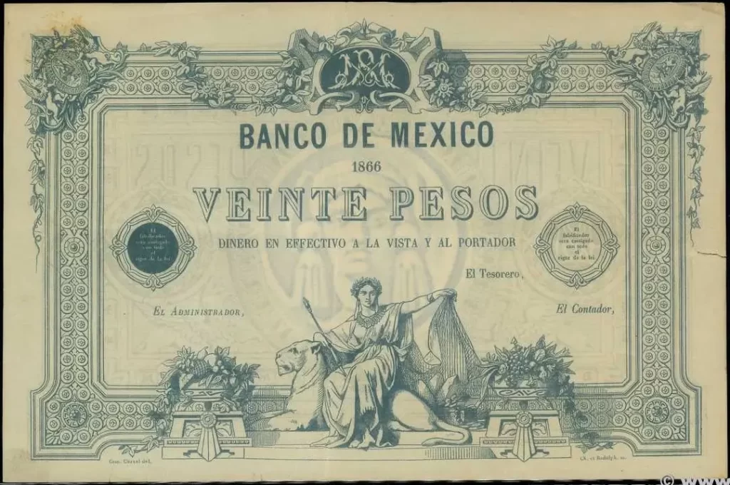 20 pesos maximiliano 1866 anverso