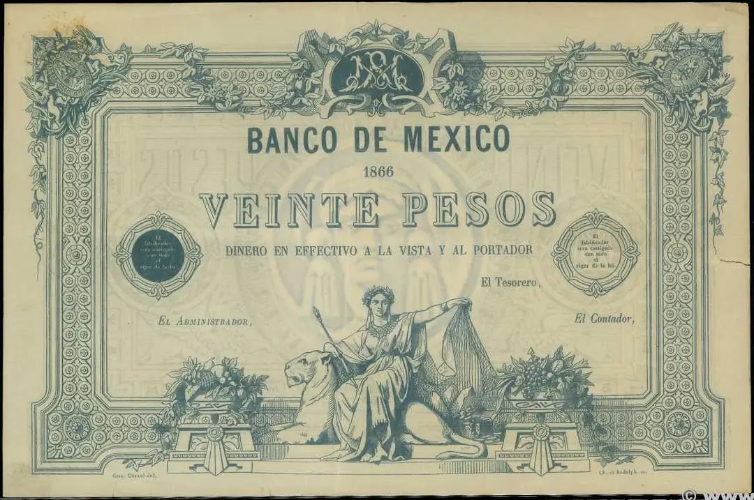 20 pesos maximiliano 1866 anverso