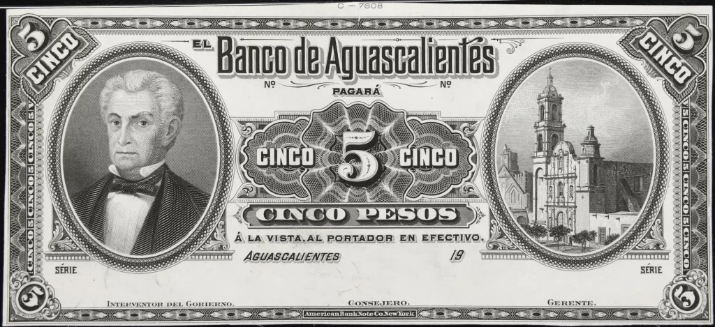 5 pesos banco aguascalientes serie a 1902-1903 anverso