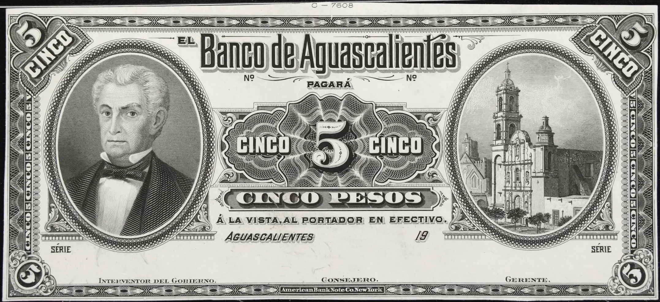 5 pesos banco aguascalientes serie a 1902-1903 anverso