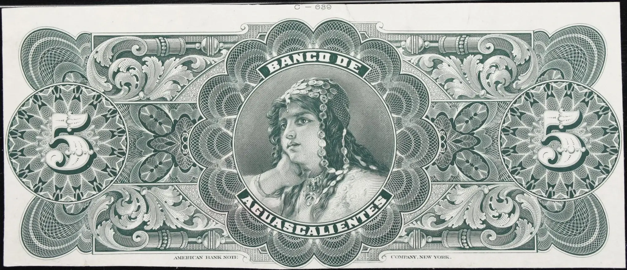 5 pesos banco aguascalientes serie a 1902-1903 reverso