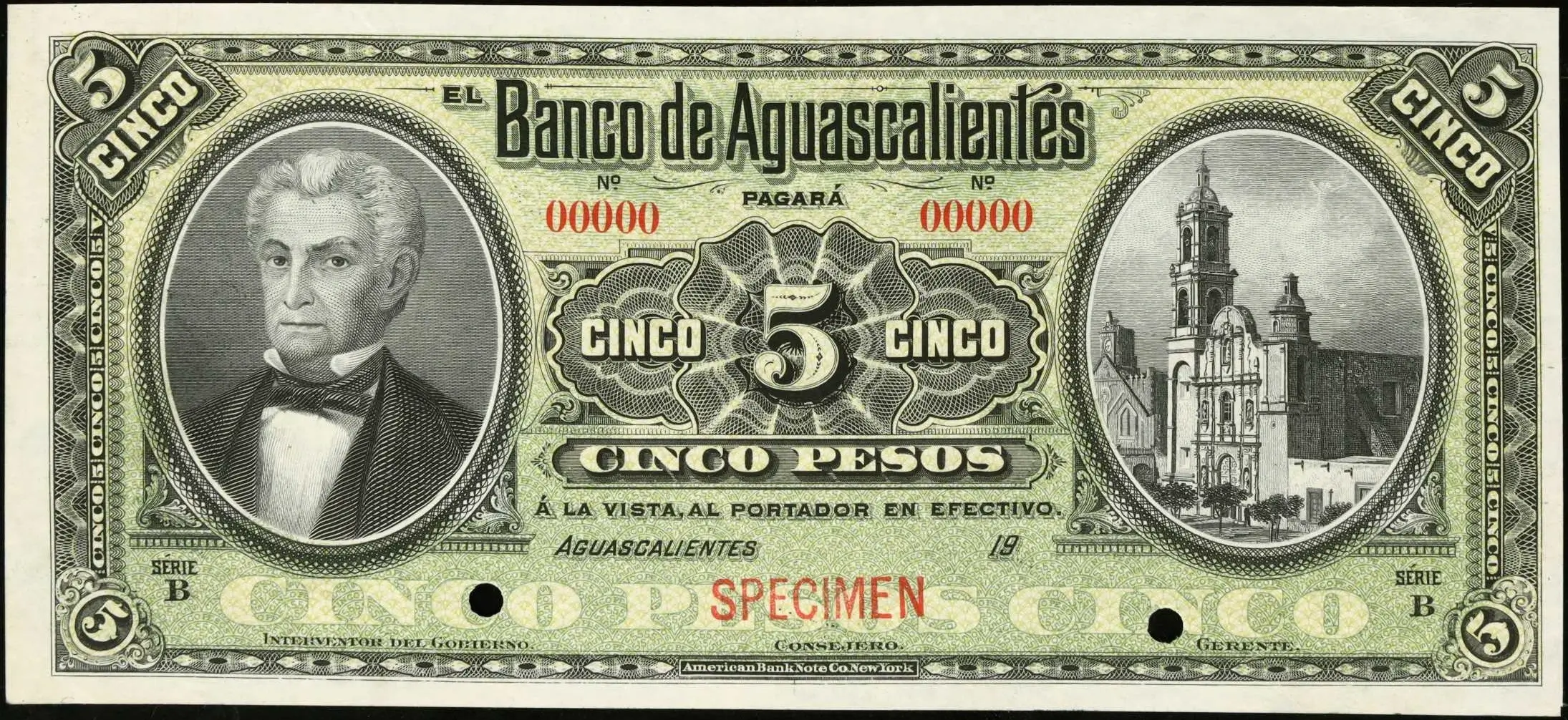 5 pesos banco aguascalientes serie b 1906 anverso