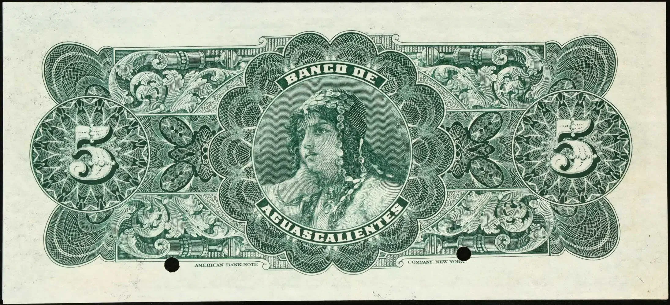 5 pesos banco aguascalientes serie b 1906 reverso