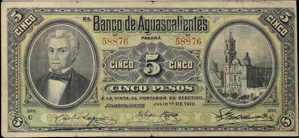 5 pesos banco aguascalientes serie c 1910 anverso