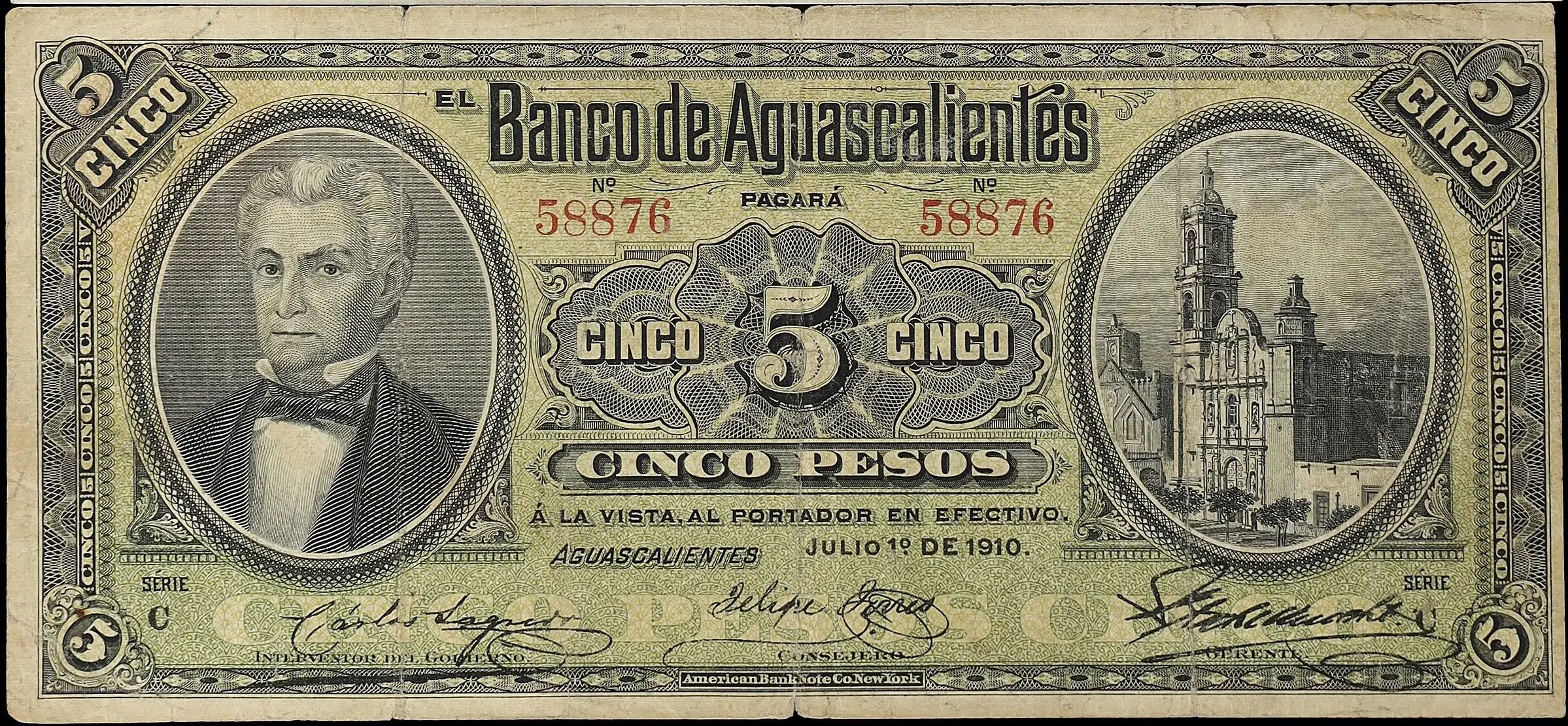 5 pesos banco aguascalientes serie c 1910 anverso