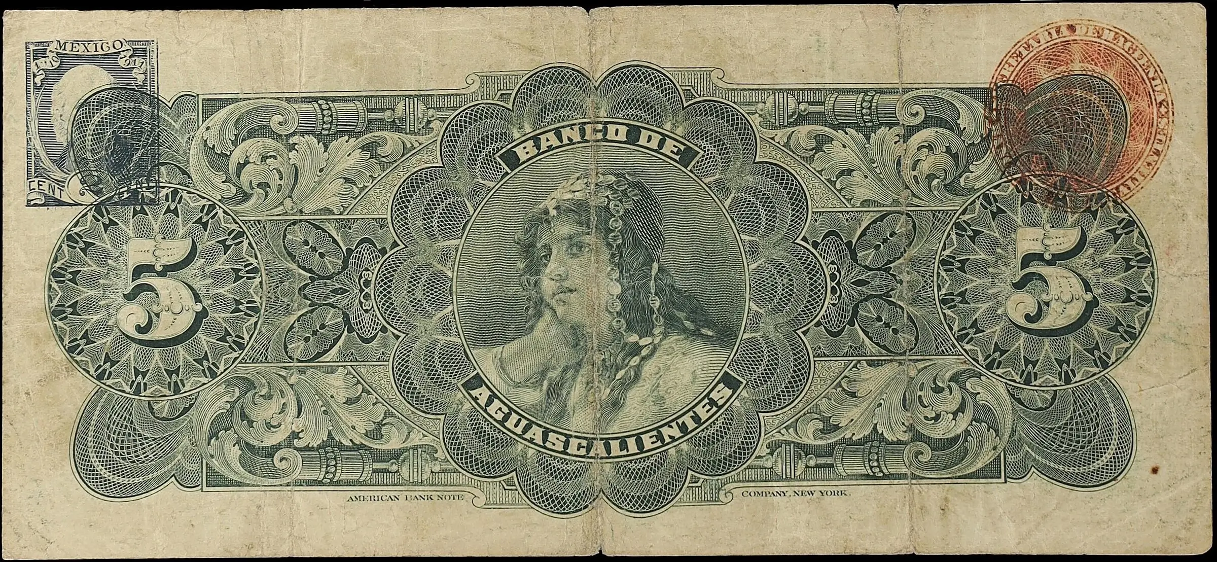 5 pesos banco aguascalientes serie c 1910 reverso
