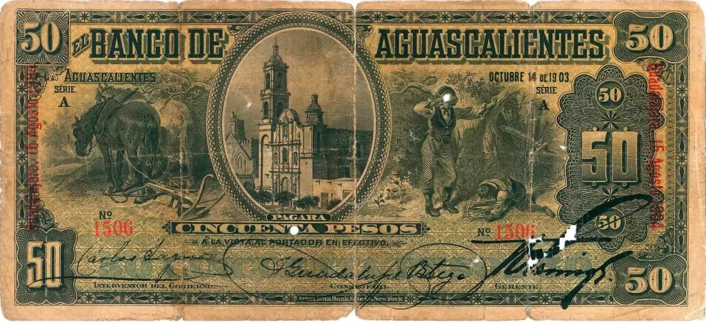 50 pesos banco aguascalientes serie a 1902-1906 anverso
