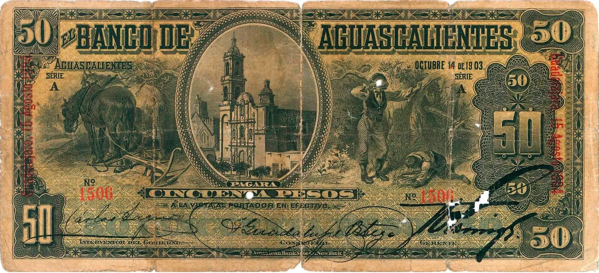 50 pesos banco aguascalientes serie a 1902-1906 anverso