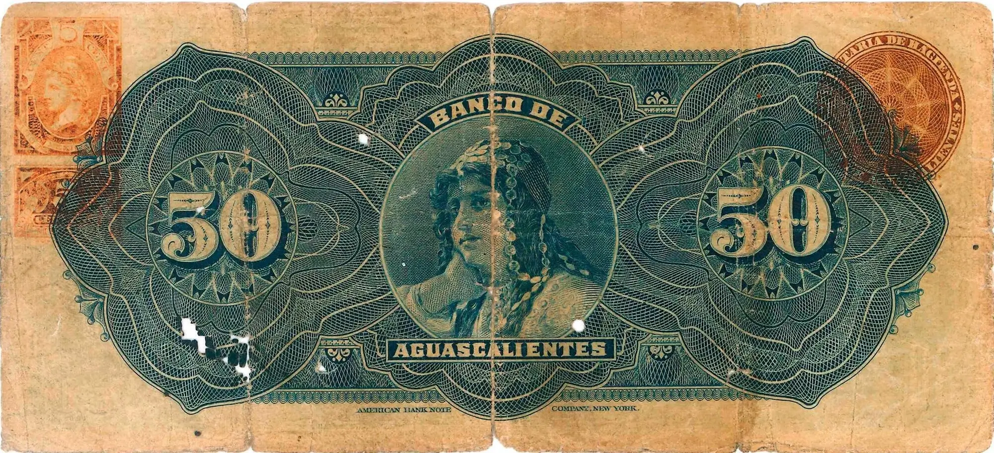 50 pesos banco aguascalientes serie a 1902-1906 reverso