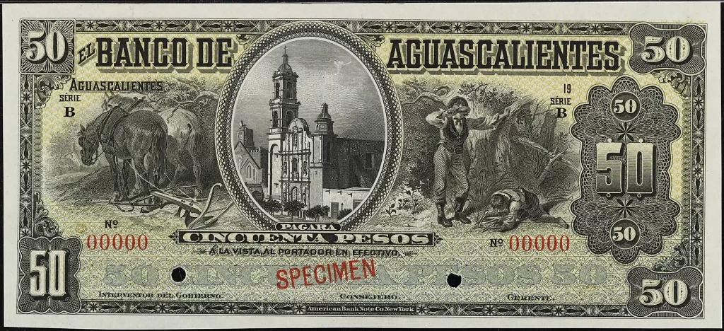 50 pesos banco aguascalientes serie b 1913-1914 anverso