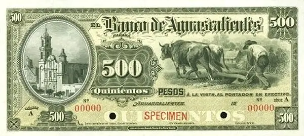 500 pesos banco aguascalientes serie a 1902-1903 anverso