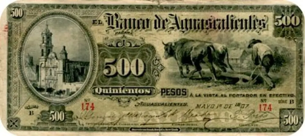 500 pesos banco aguascalientes serie b 1912 anverso
