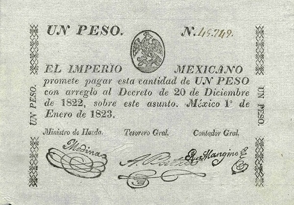 Billete de 1 Peso del Imperio Mexicano (1823) Anverso