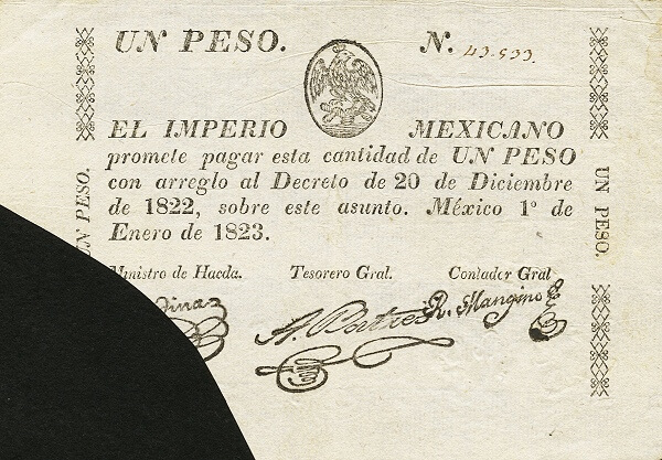 Billete de 1 Peso del Imperio Mexicano (1823) Corte Anverso