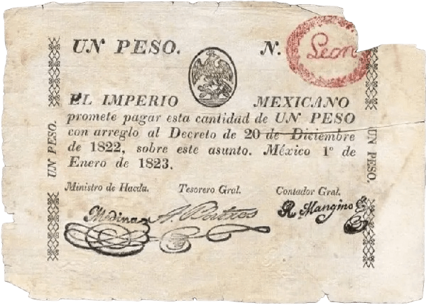 Billete de 1 Peso del Imperio Mexicano (1823) Leon Anverso