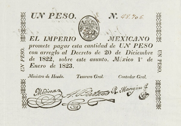 Billete de 1 Peso del Imperio Mexicano (1823) Ynutilizado Anverso