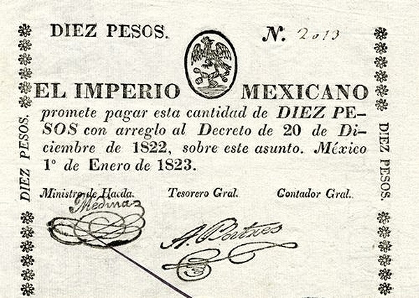 Billete de 10 pesos del Imperio Mexicano 1823 Anverso