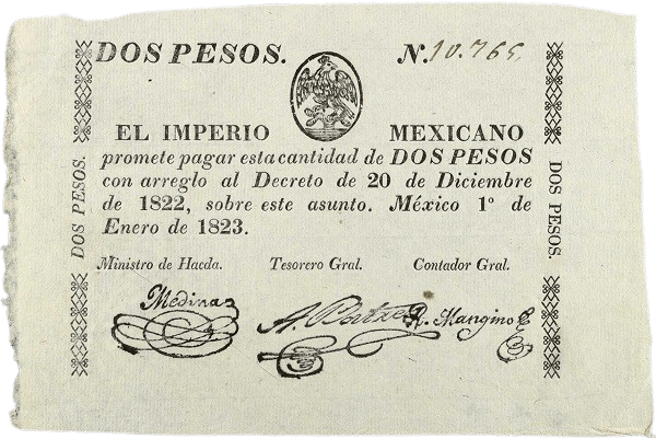 Billete de 2 Pesos del Imperio Mexicano (1823) Anverso