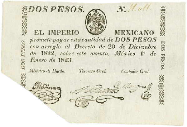 Billete de 2 Pesos del Imperio Mexicano (1823) Corte Anverso