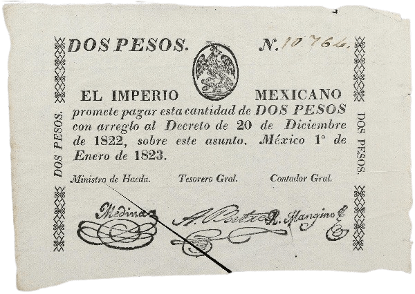 Billete de 2 Pesos del Imperio Mexicano (1823) Inutilizado Anverso